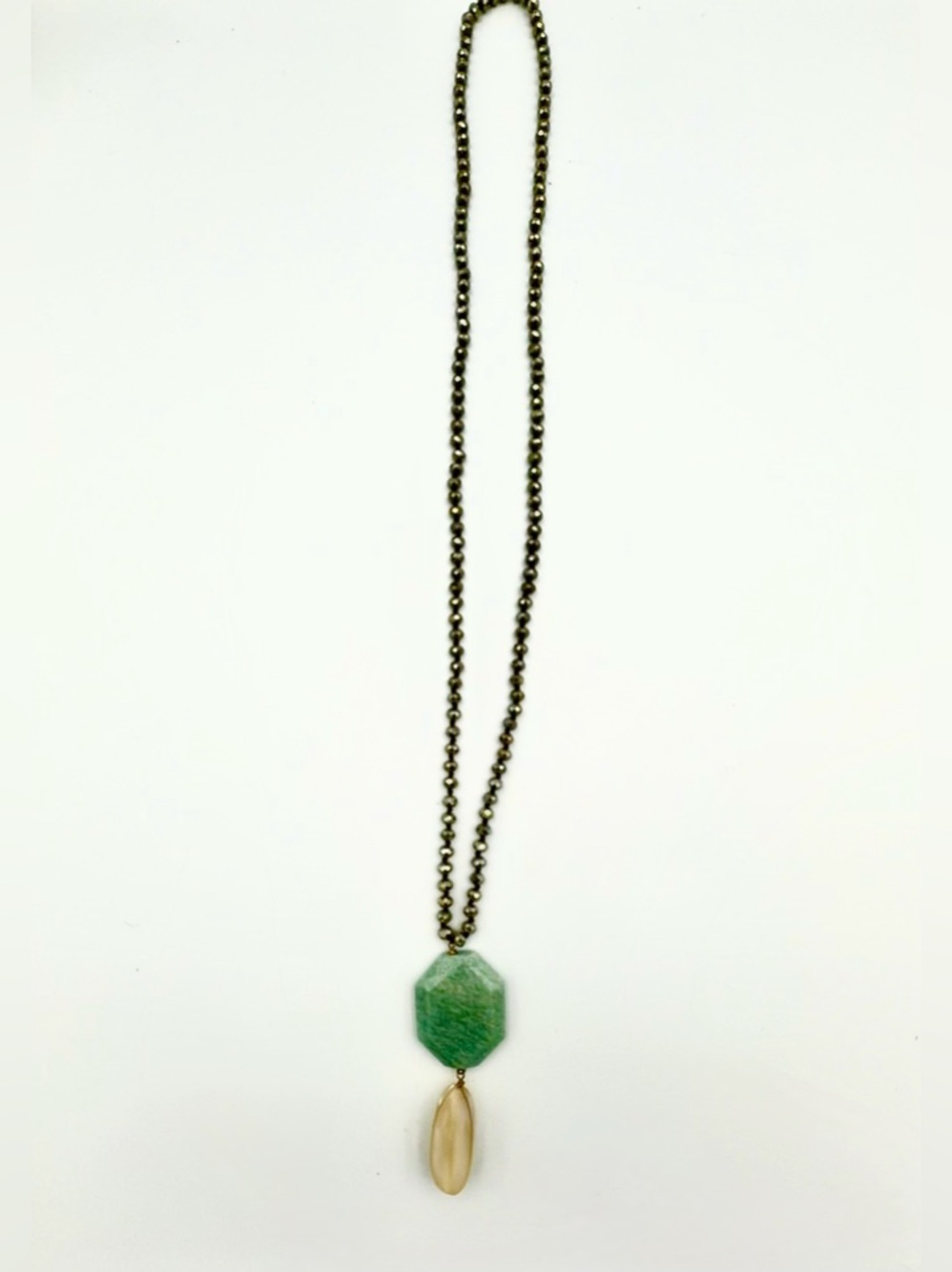 Green Hexagon Stone Necklace with Beige Drop Charm